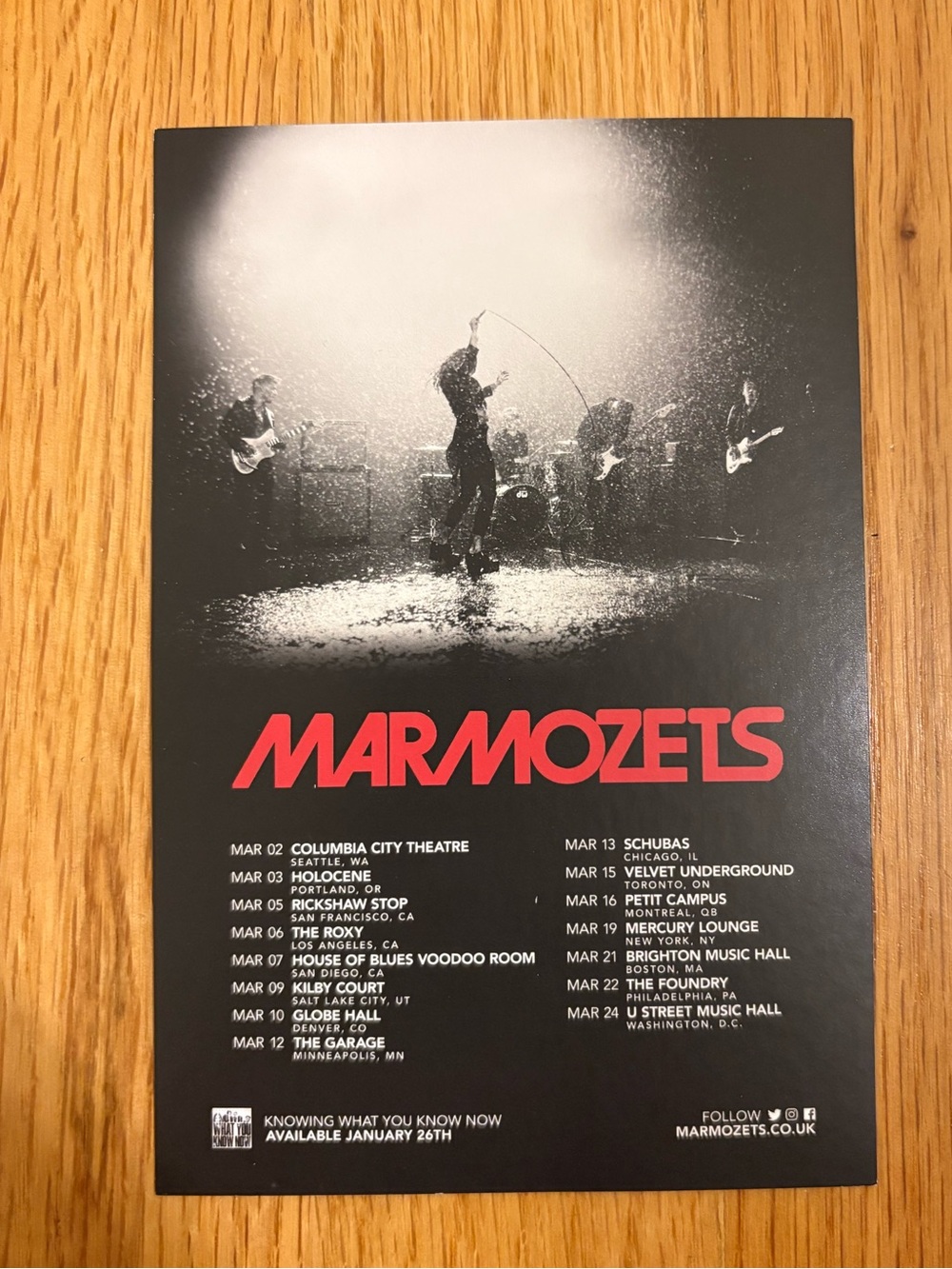 Marmozets band tour double sided promo card for album Knowing What You Know Now